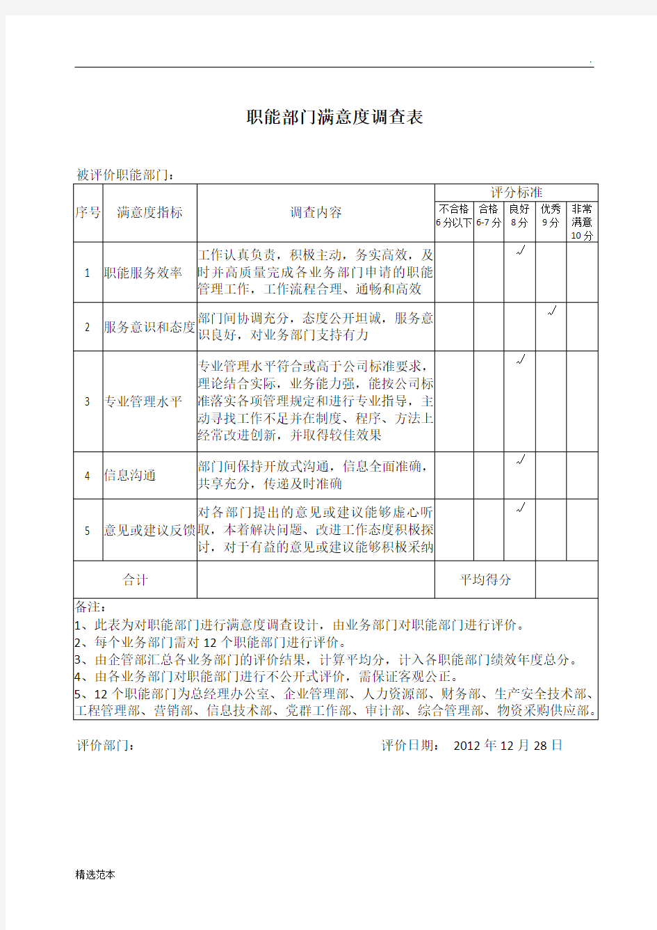 职能部门满意度调查表