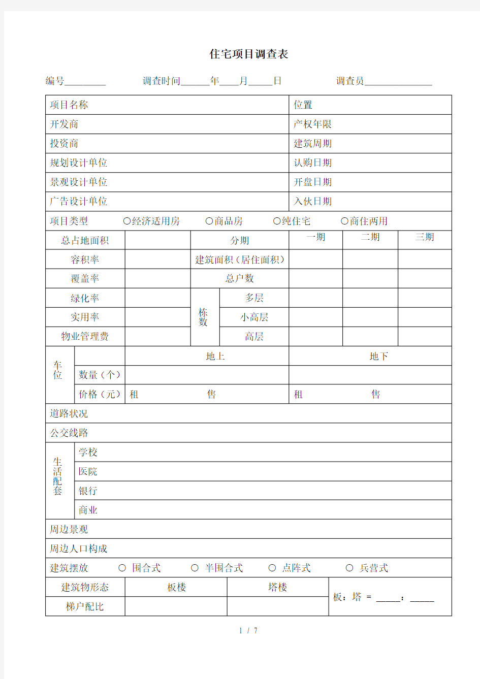 住宅项目市场调查表