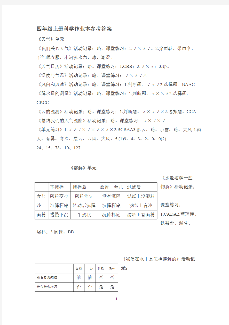 【免费下载】四年级上册科学作业本答案