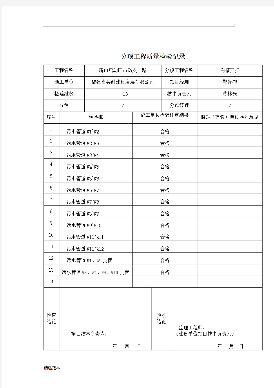 分部分项工程质量验收记录