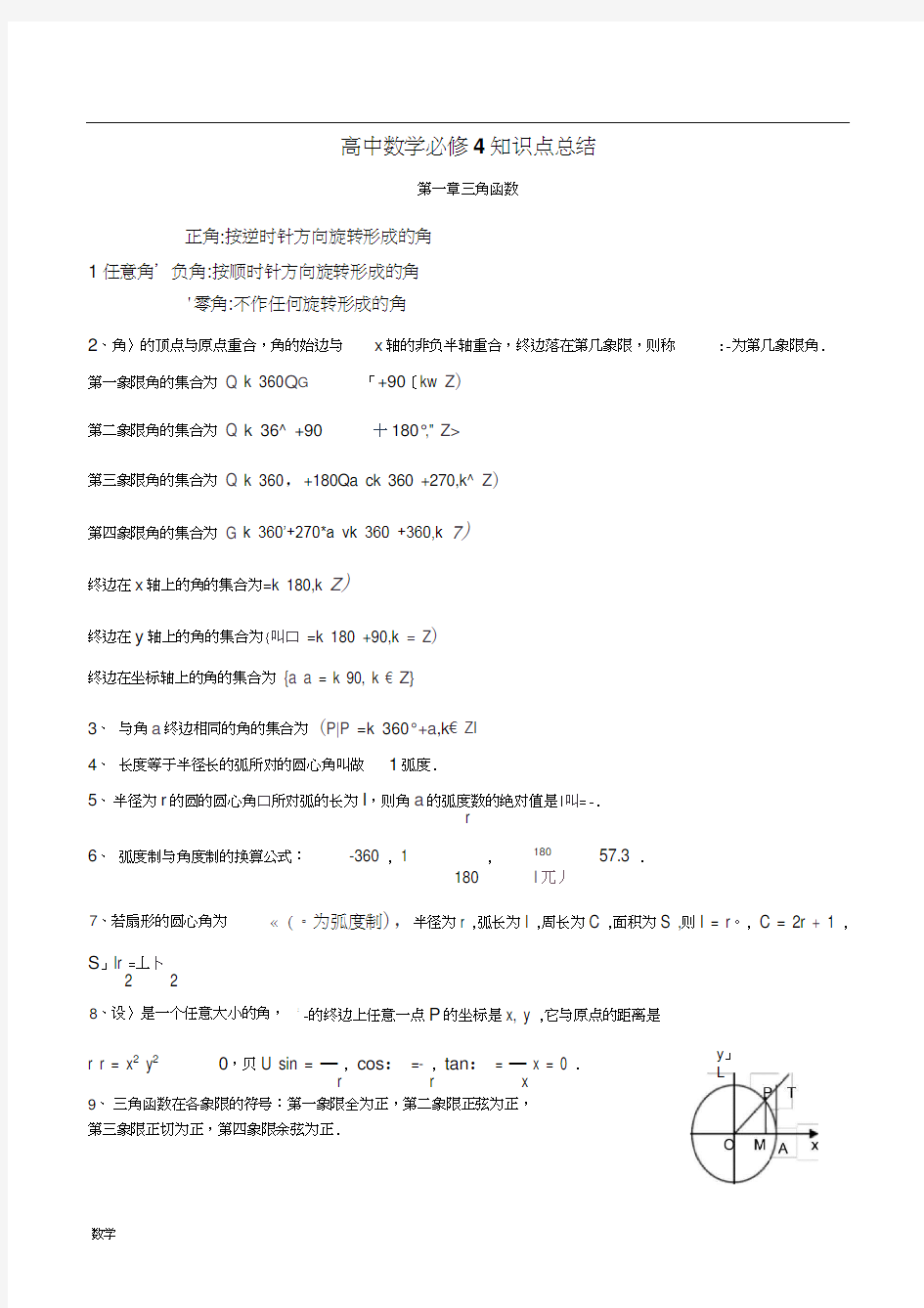 人教版高中数学必修4知识点总结