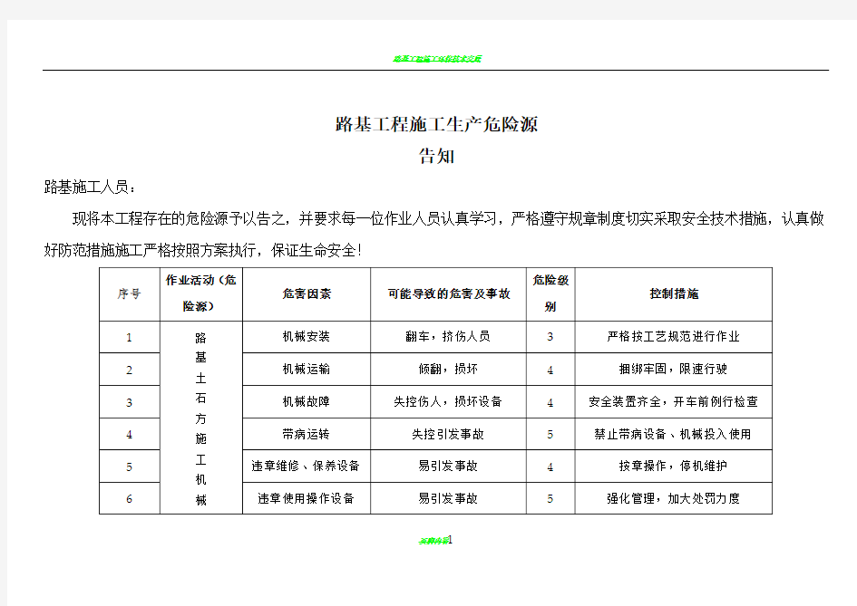 路基工程施工生产危险源全员告知书