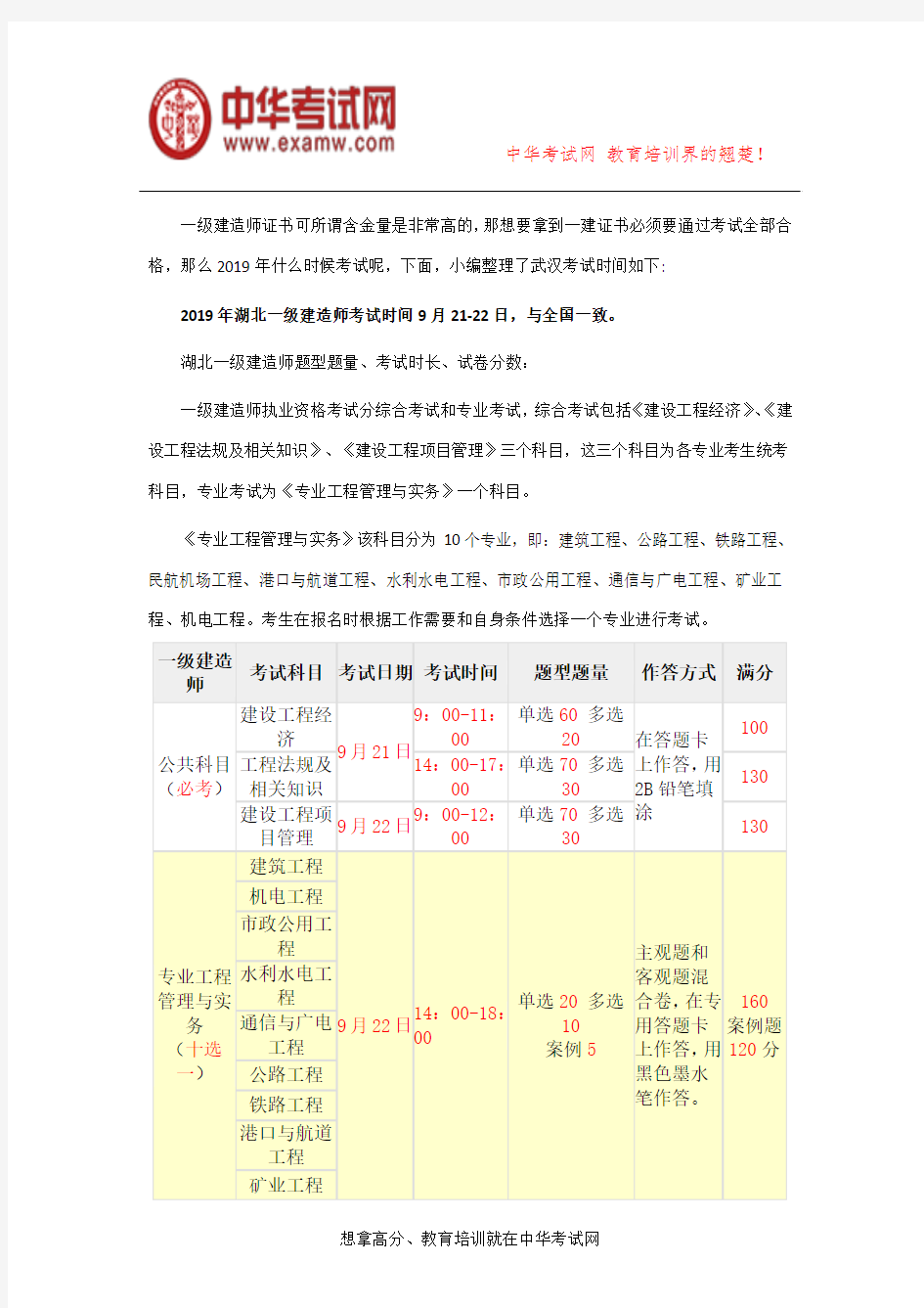 武汉2019年一级建造师考试时间
