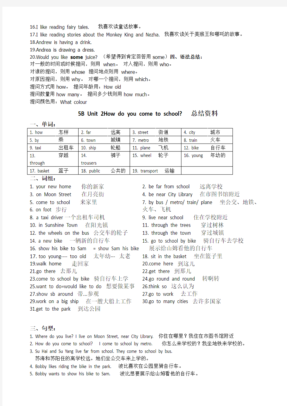 苏教版小学英语五年级下册知识点大全