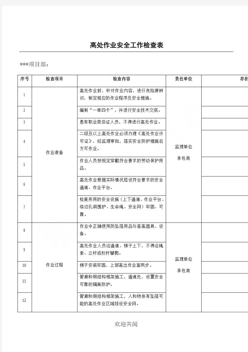 高处作业检查表格范本