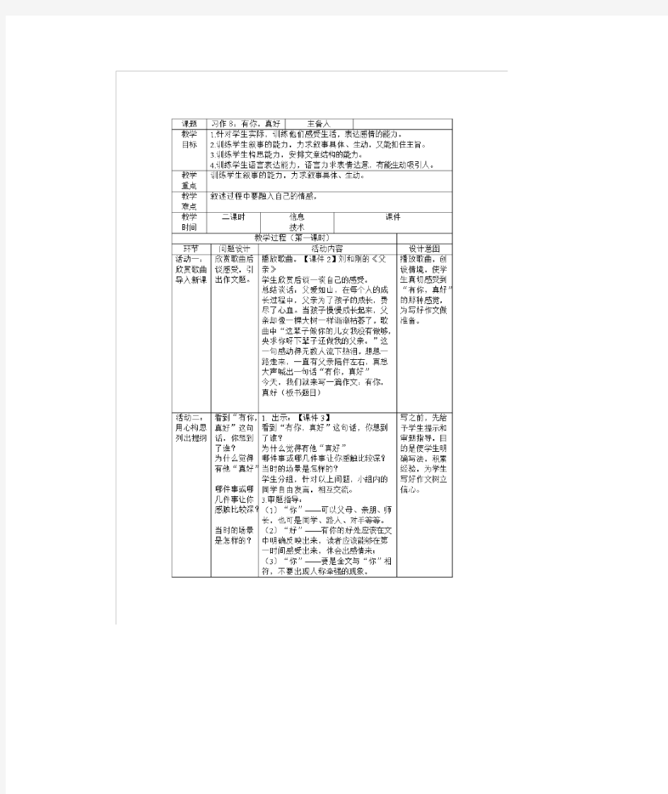 六年级上语文教学设计部编版小学语文六年级上册《习作：有你,真好》教学设计