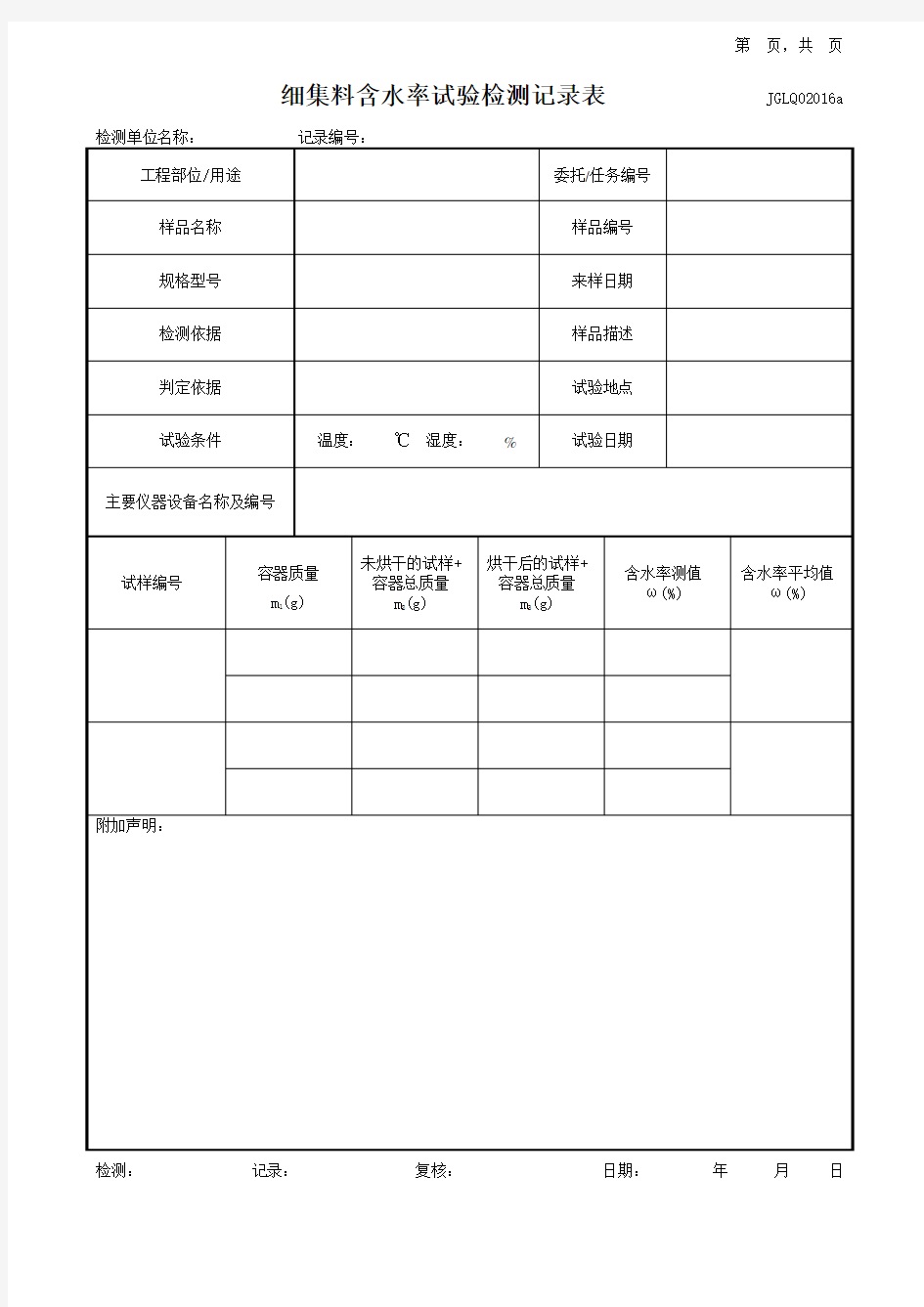 细集料含水率(烘干法)试验检测记录表