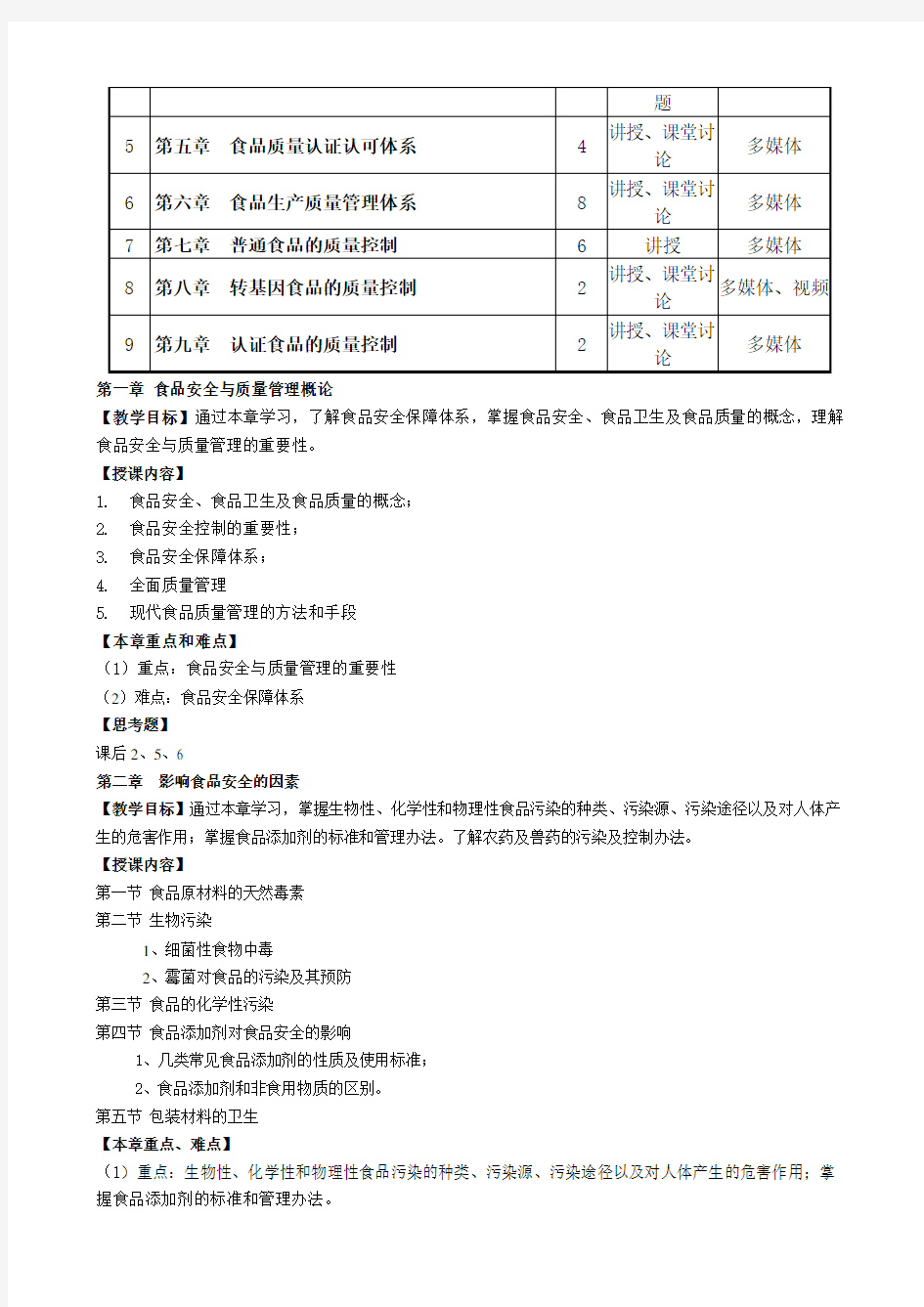 食品安全与质量管理教学大纲