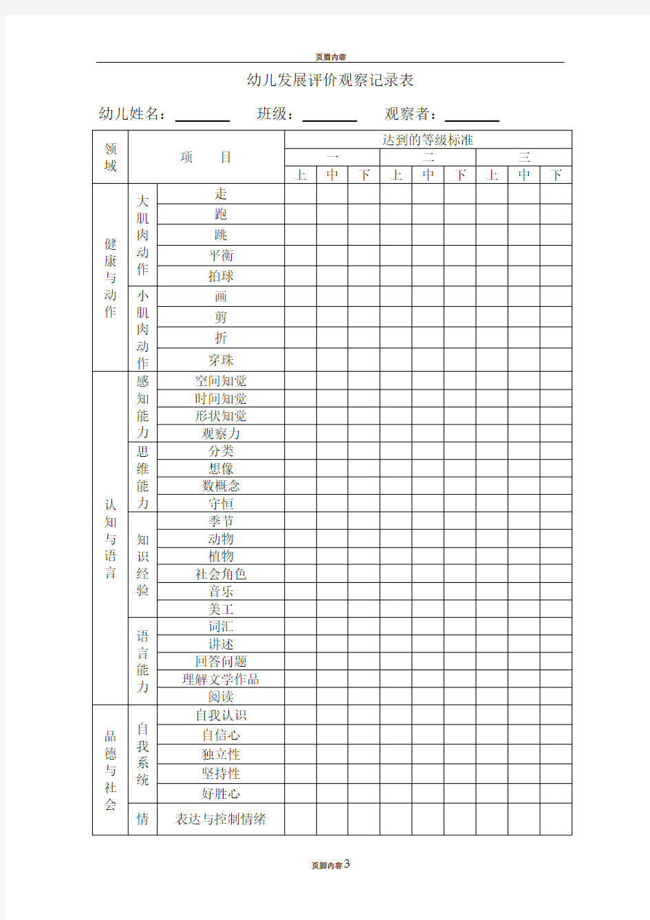 幼儿个体发展评价观察记录表