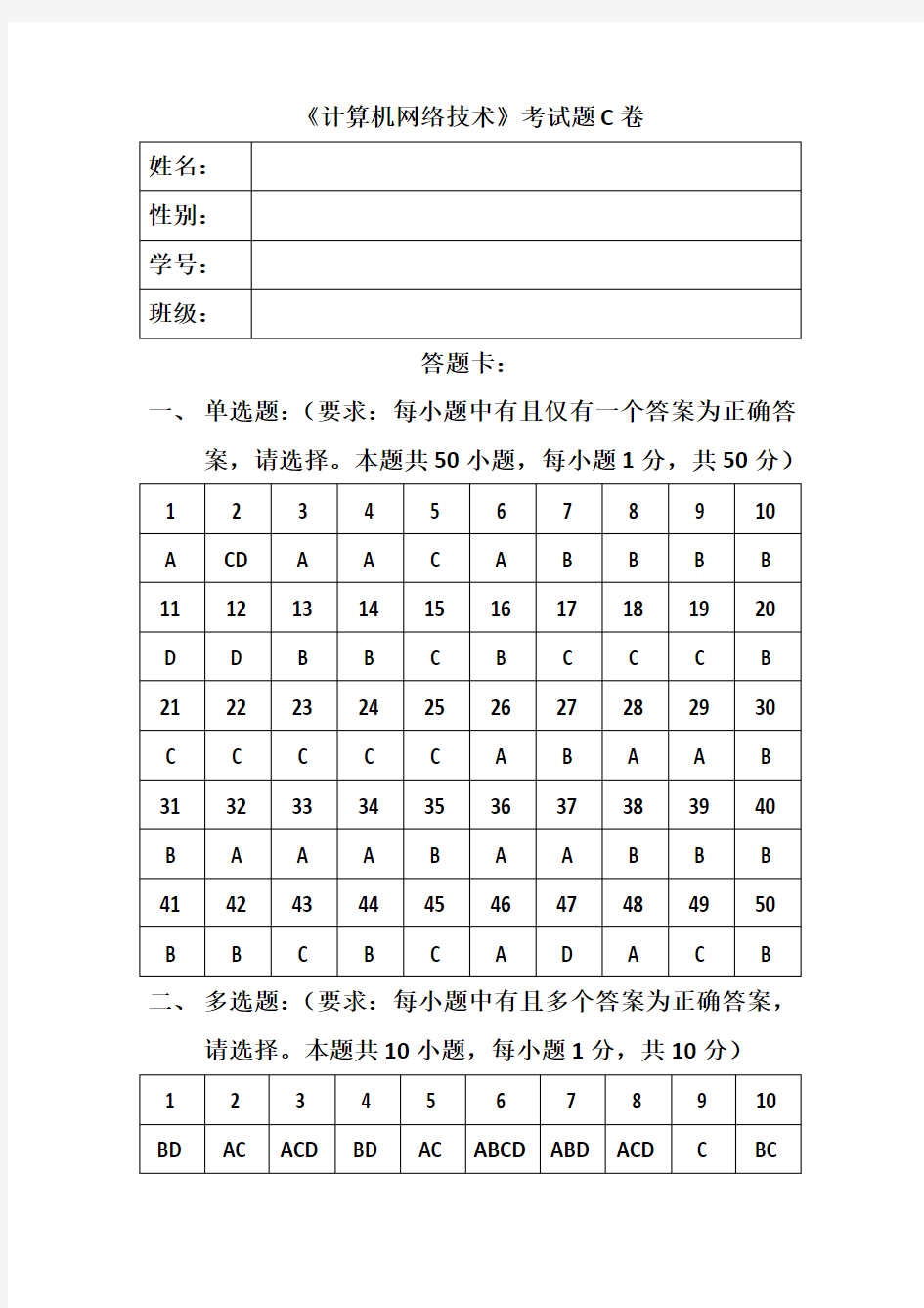 计算机网络技术考试题C卷