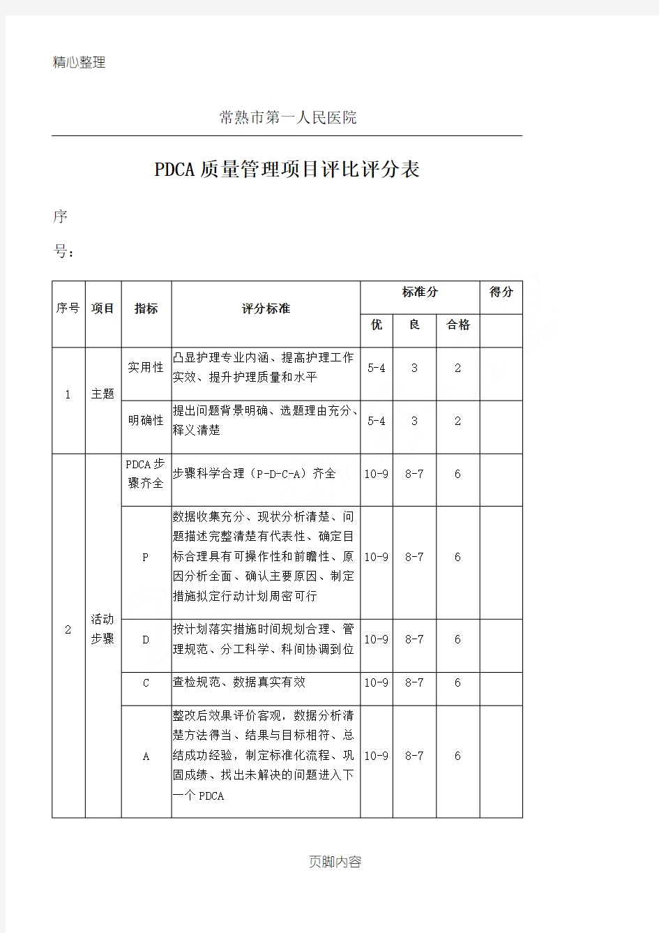 PDCA评比评分表格模板