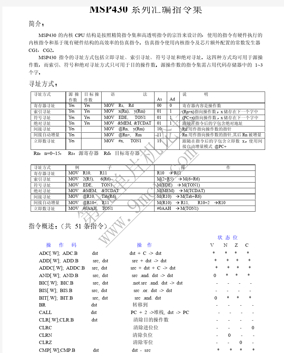 MSP430汇编指令集(中文)+详解带实例