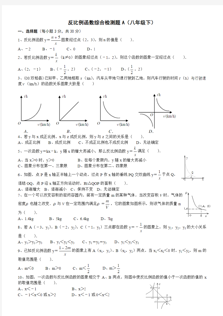 八年级数学反比例函数综合检测题(含答案)