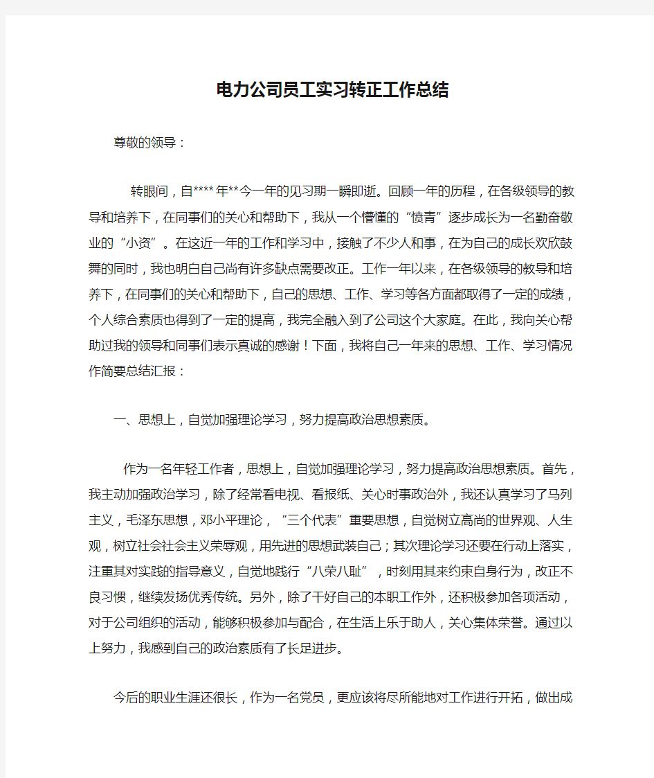 电力公司员工实习转正工作总结