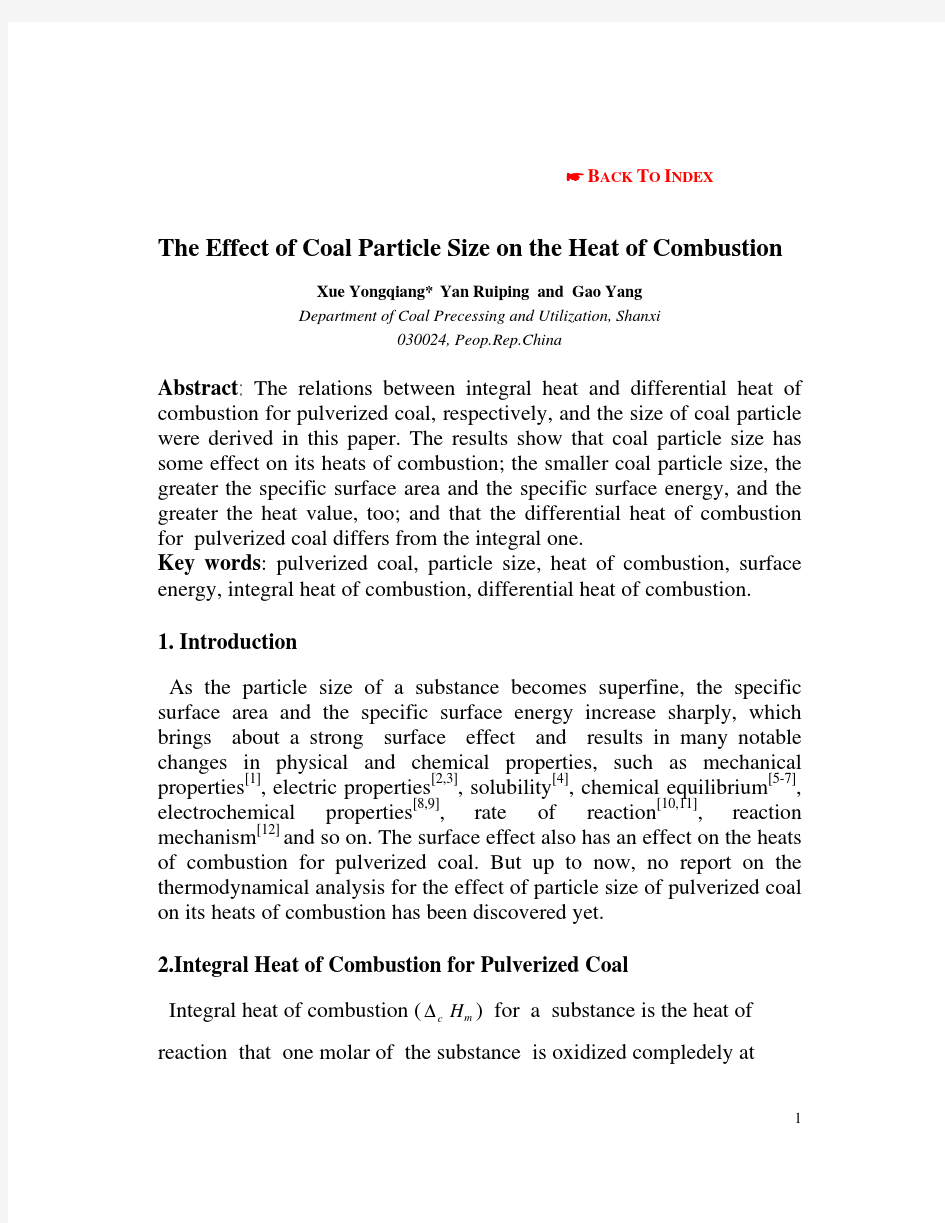 The Effect of Coal Particle Size on the Heat of Combustion