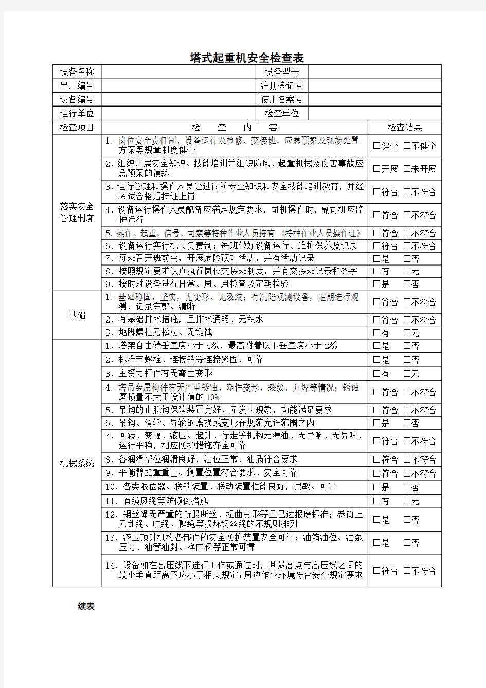 塔式起重机安全检查表