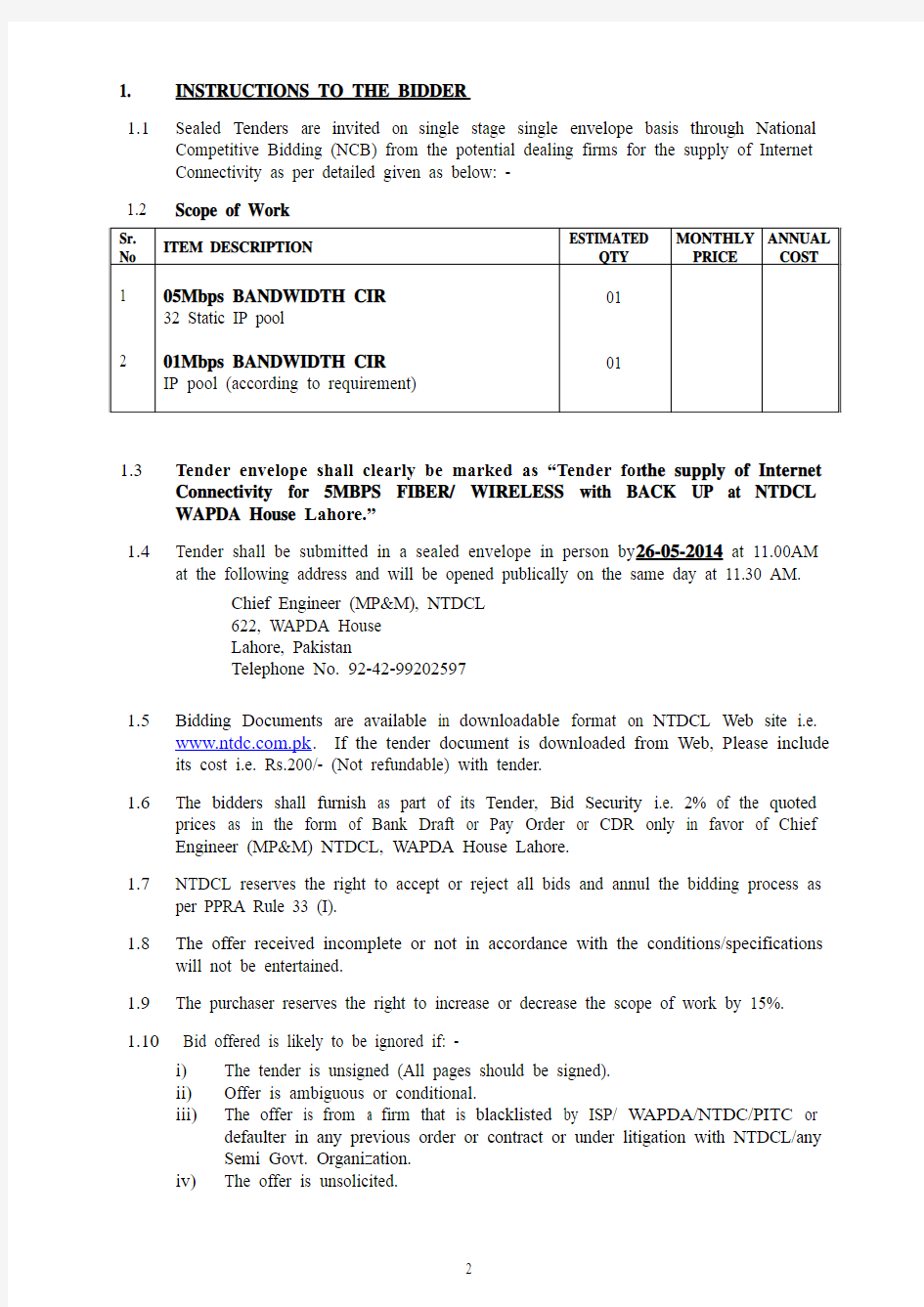 Tender for procurement of 5MBPS Bandwidth