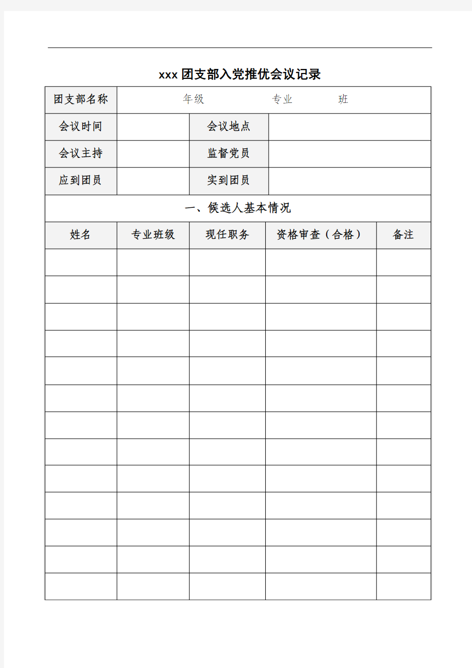 班级团支部入党推优会议记录表