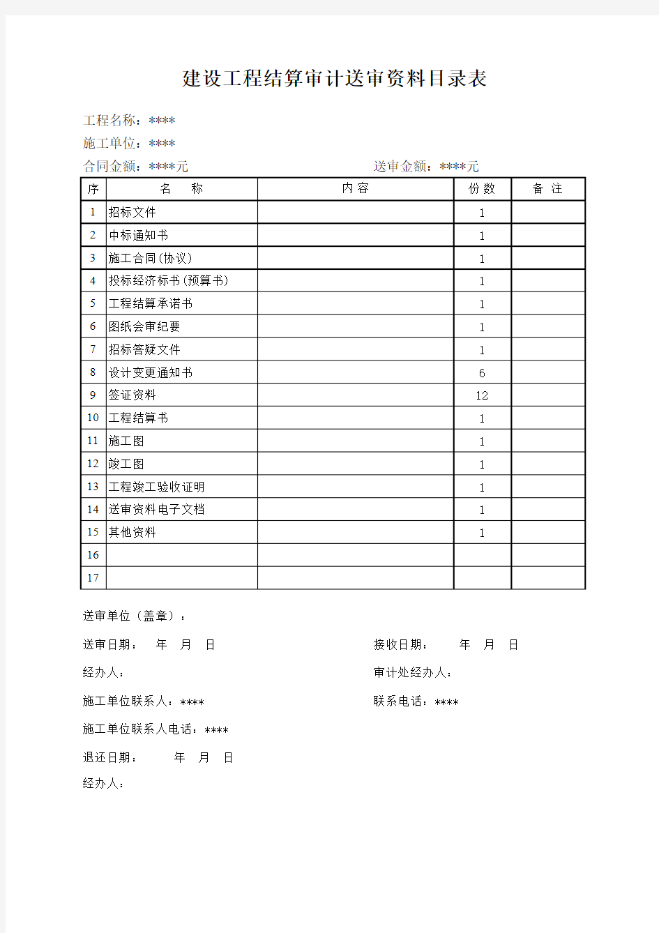 建设工程结算审计送审资料目录表