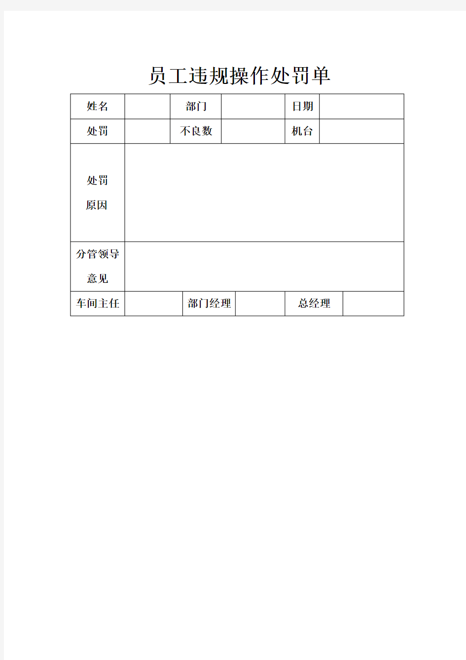 员工违规操作处罚单