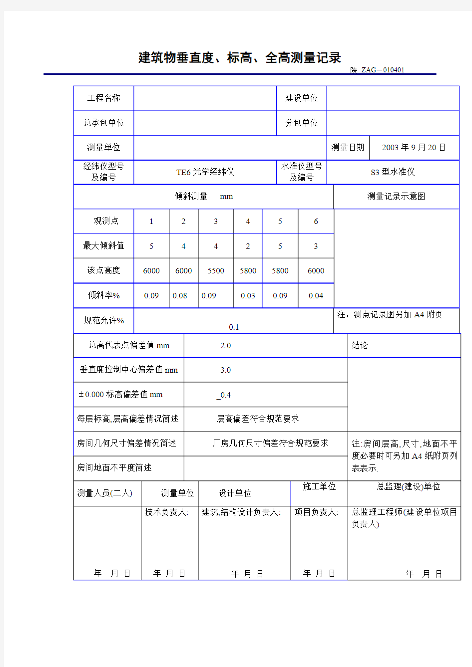 建筑物垂直度、标高、全高测量记录