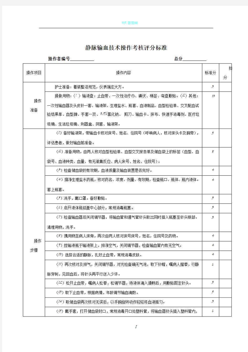 静脉输血技术操作考核评分标准