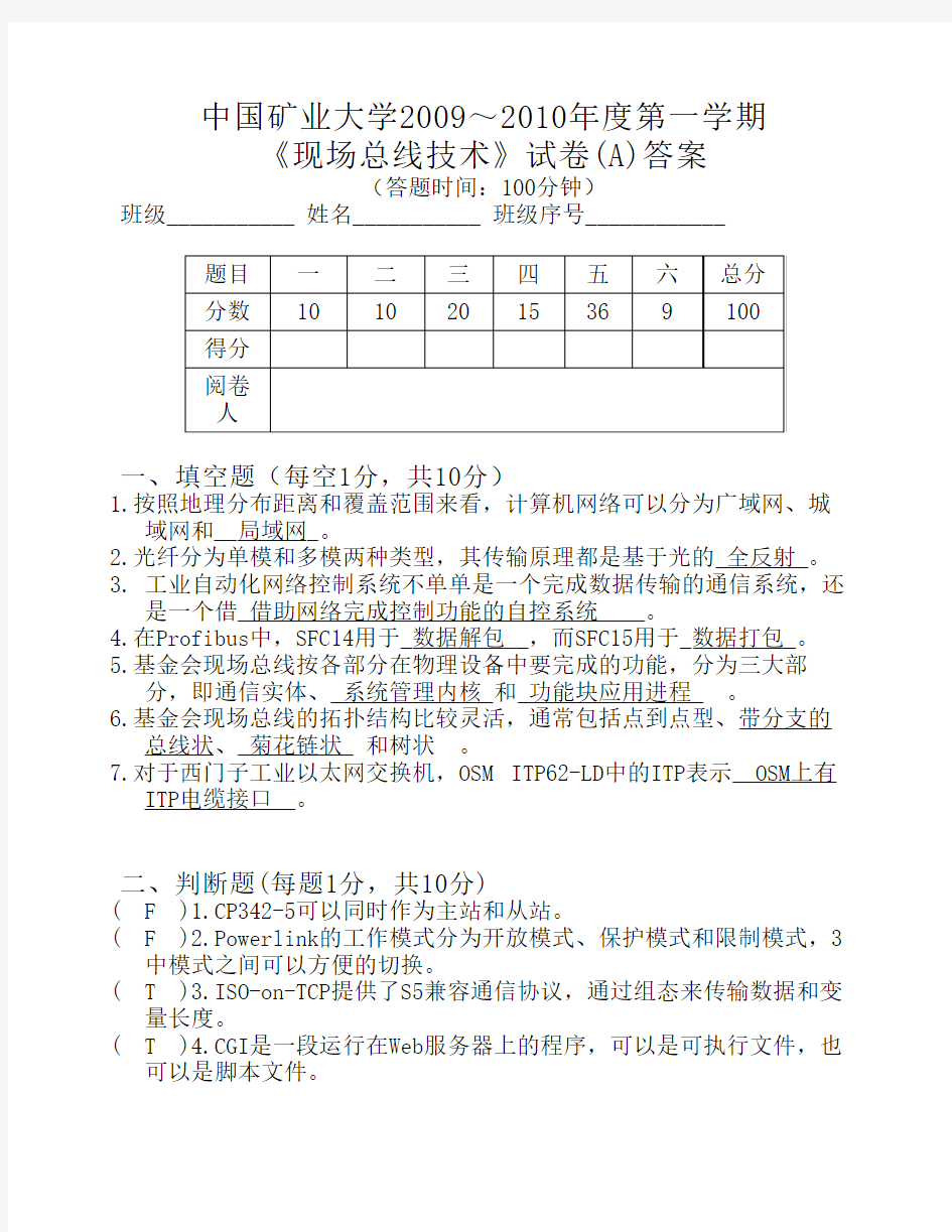 2009～2010第一学期《现场总线技术》试卷A答案 (1)