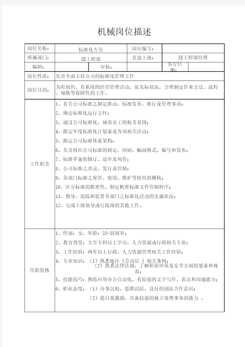 标准化专员岗位职责