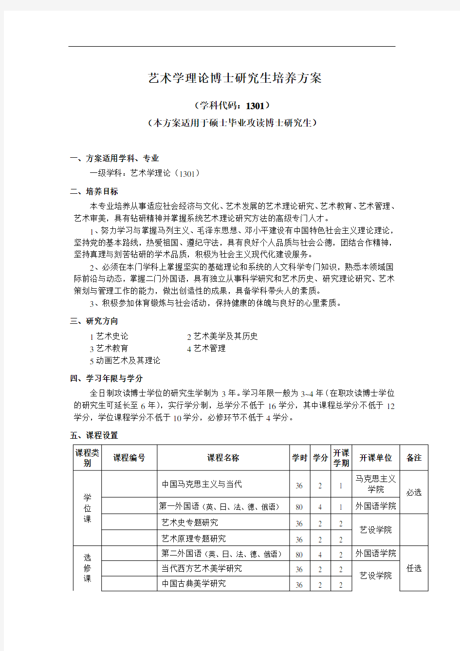 武汉理工大学艺术学理论博士研究生培养方案