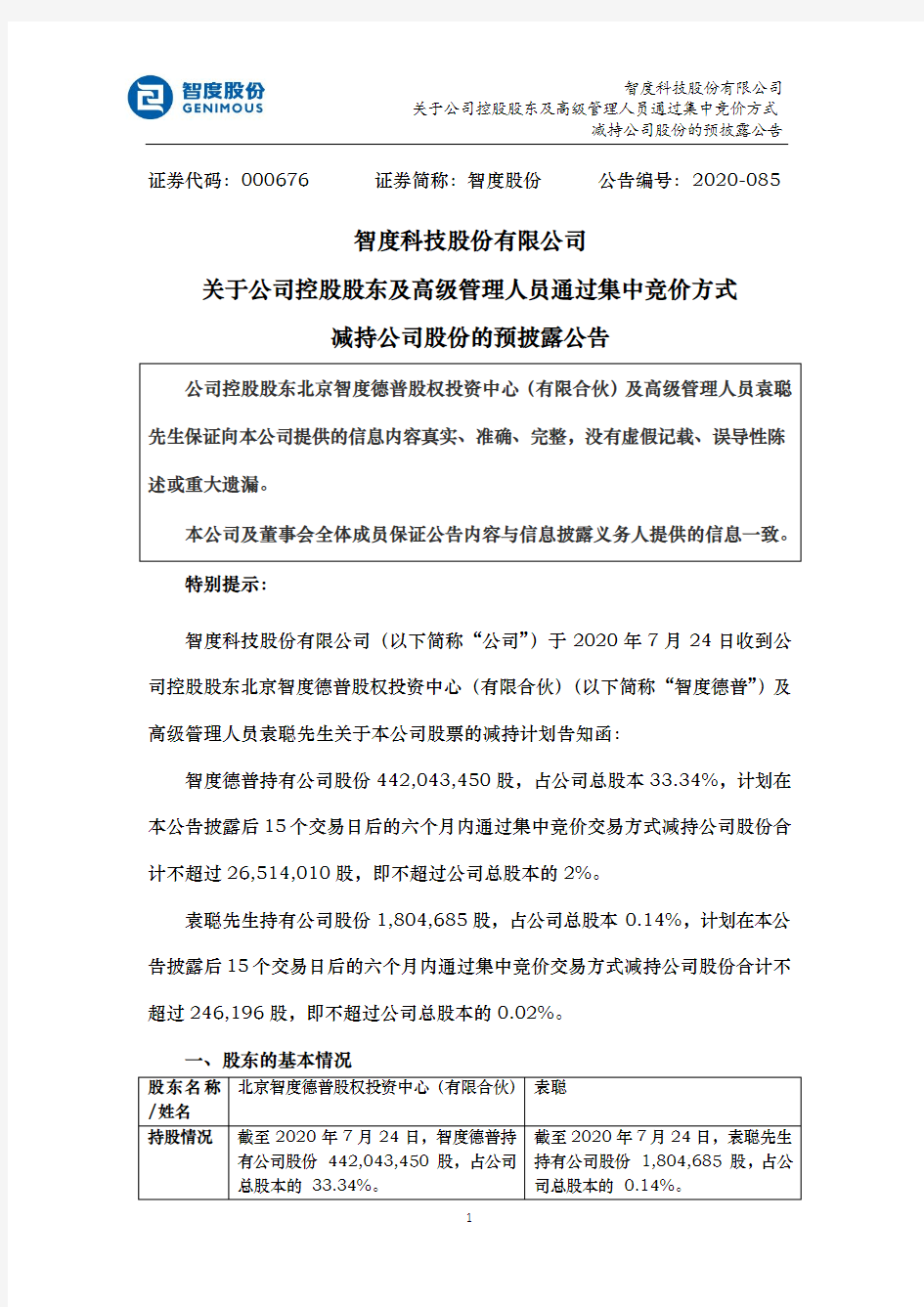 智度股份：关于公司控股股东及高级管理人员通过集中竞价方式减持公司股份的预披露公告