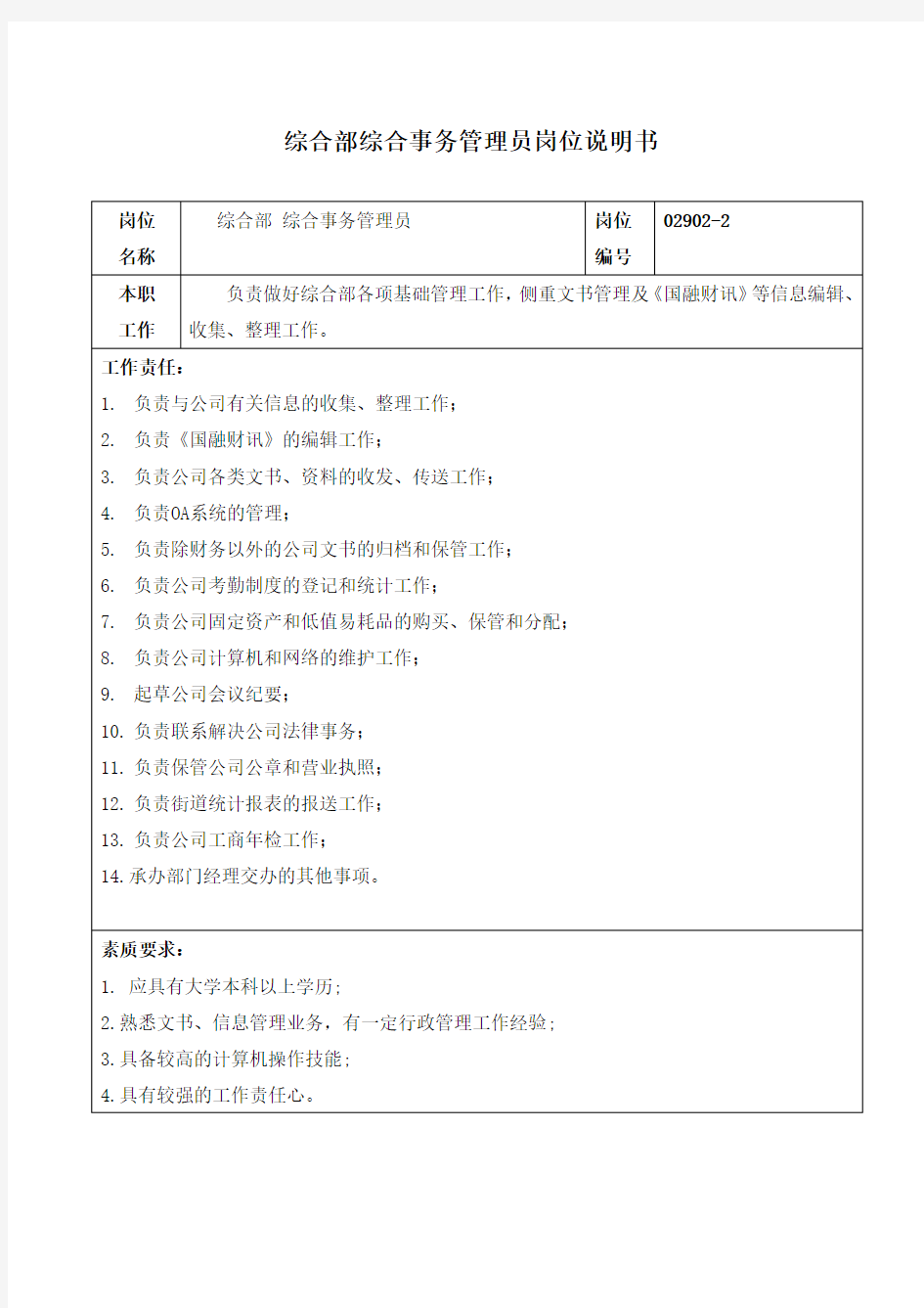 综合部综合事务管理员岗位职责