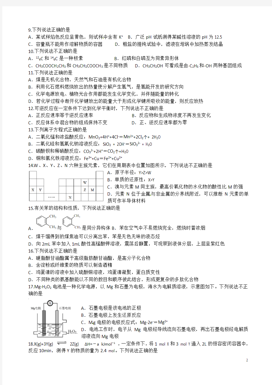 2016年4月浙江省化学选考试题及答案剖析
