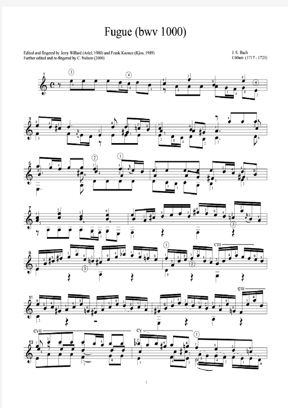巴赫作品《赋格》Fugue,BWV 1000;J.S. Bach古典吉他谱