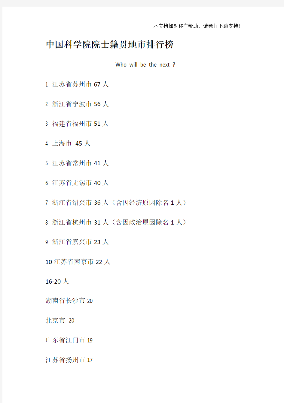 中国科学院院士籍贯地市排行榜