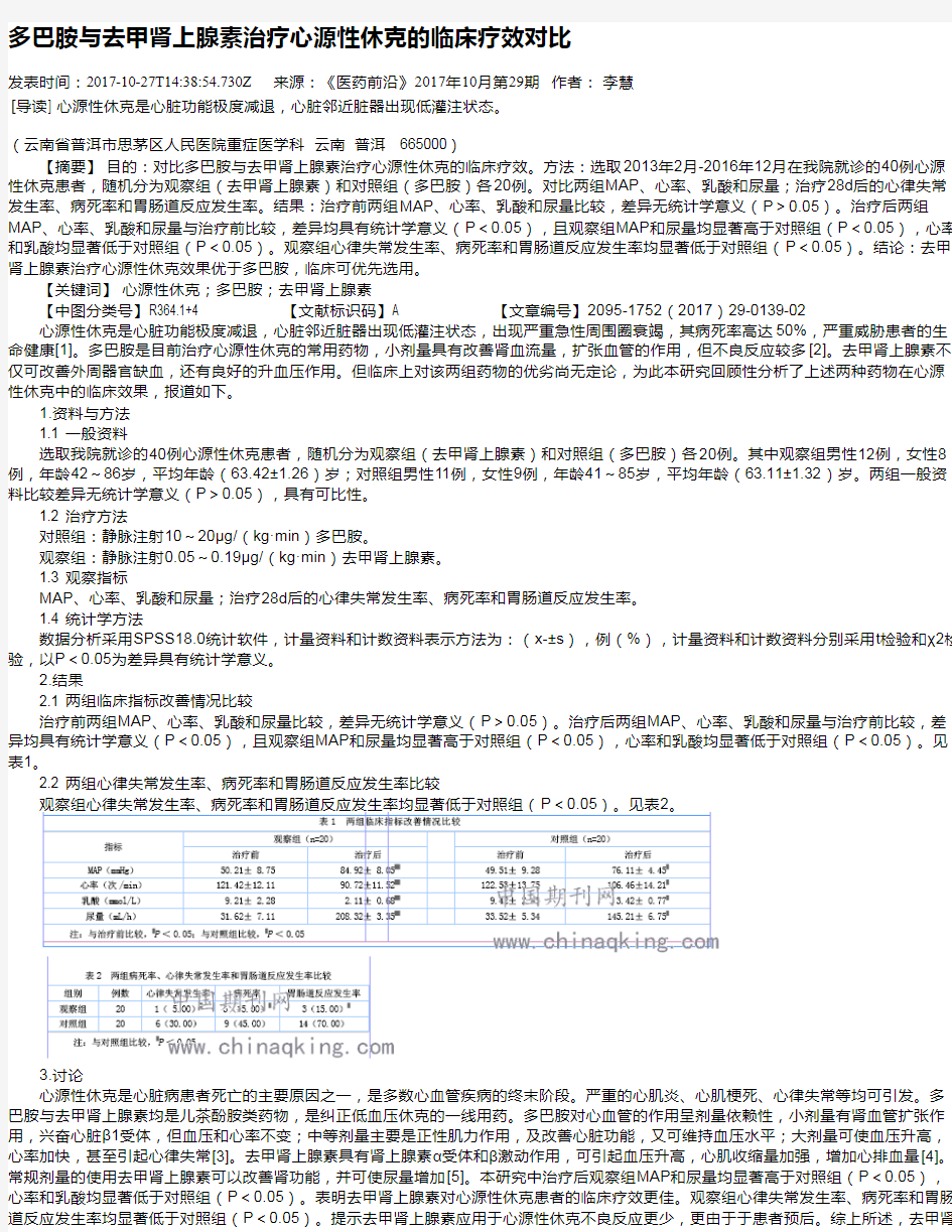 多巴胺与去甲肾上腺素治疗心源性休克的临床疗效对比