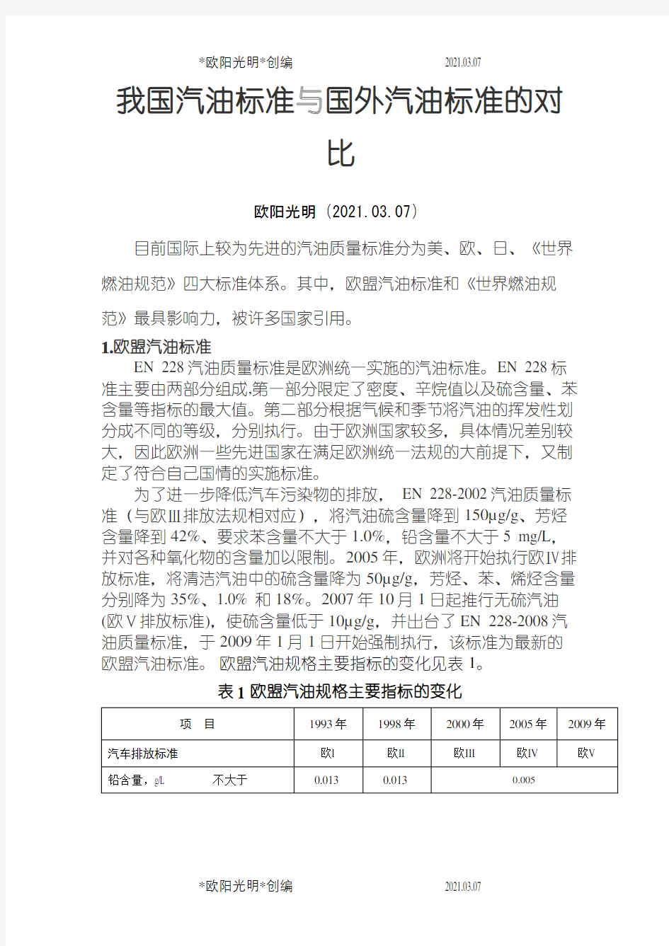 2021年国内外汽油标准对比