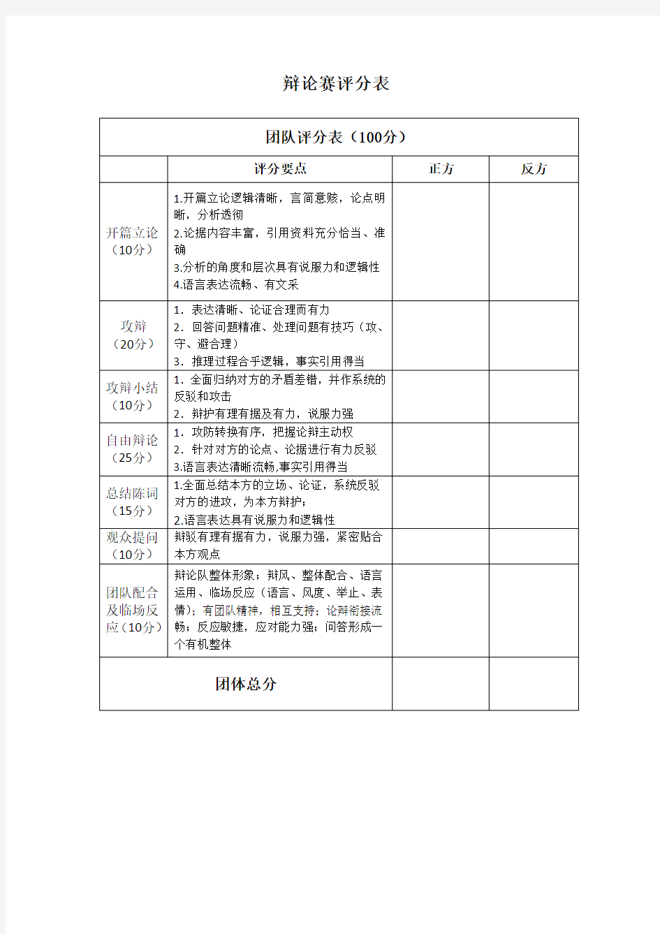 辩论赛评分表(完整版)