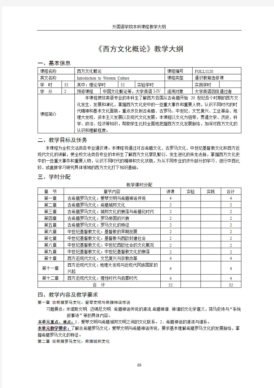 《西方文化概论》教学大纲