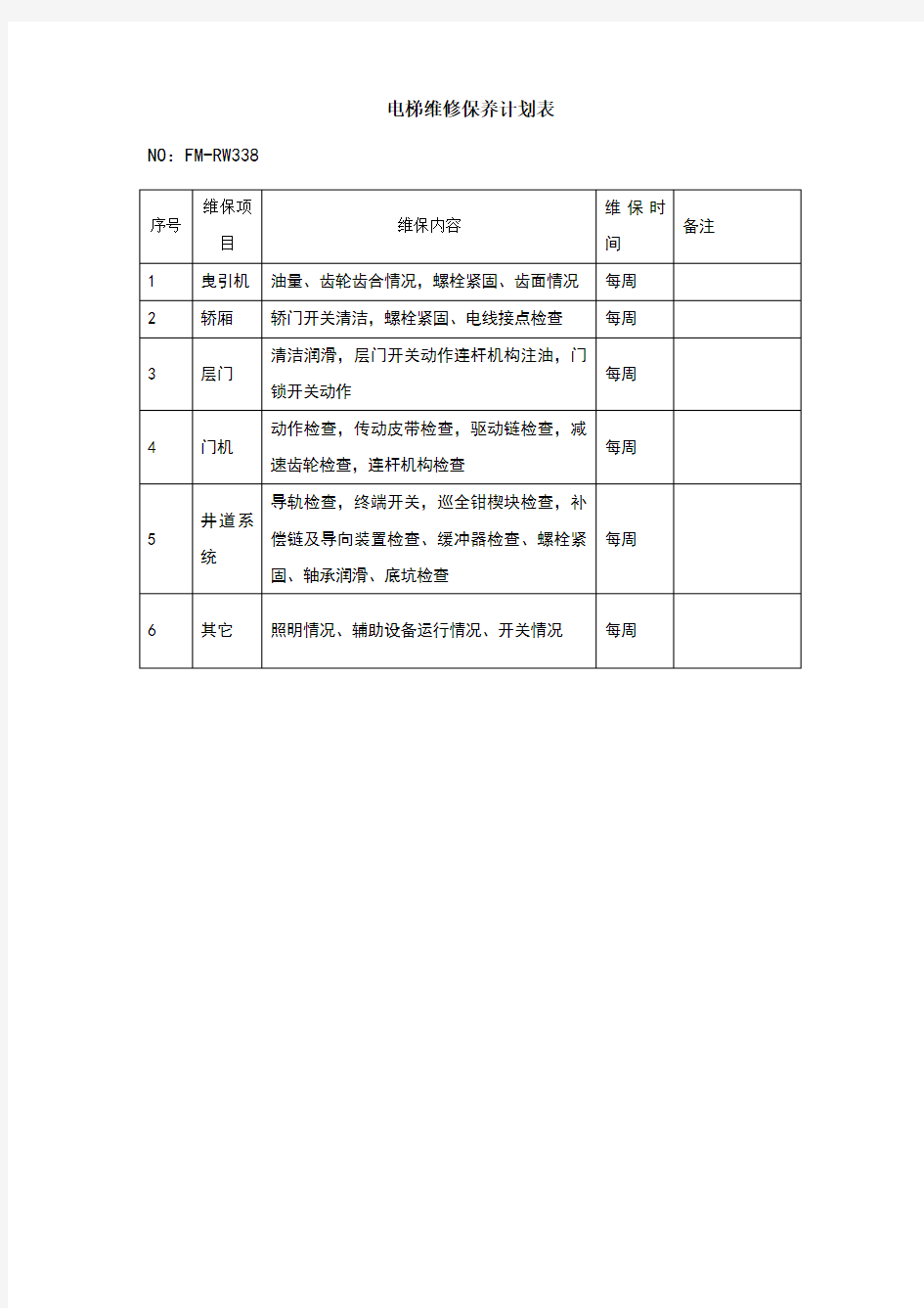 电梯维修保养计划表