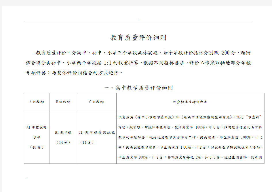 教育局中小学教学质量评价细则