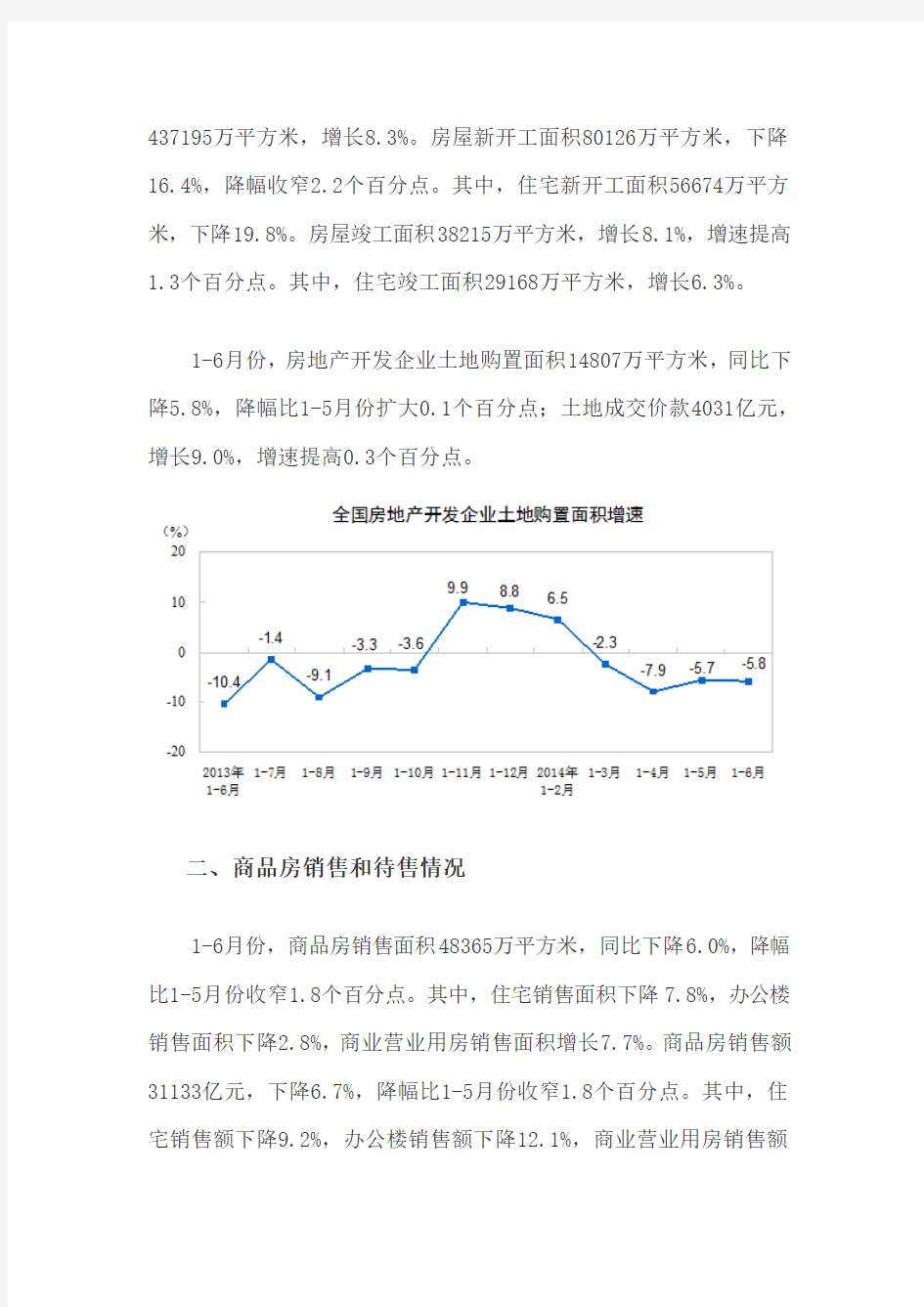 2014年1-6月份全国房地产开发和销售情况