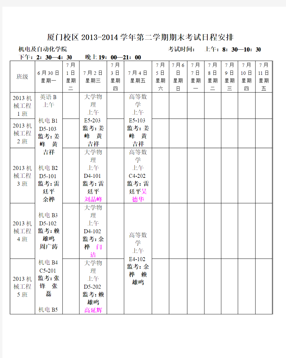 厦门校区2013-2014学年第二学期期末考试日程安排