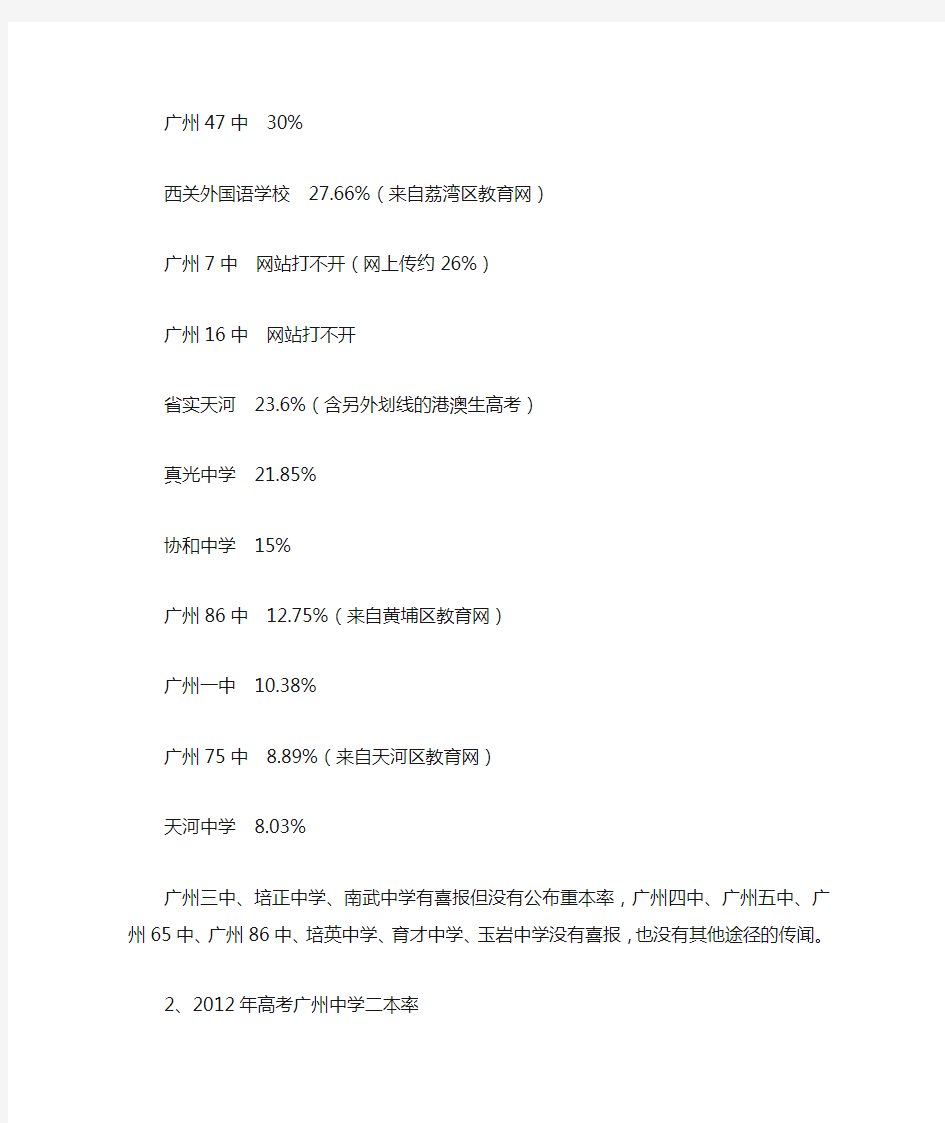 2012高考广州各中学一本率、二本率排名
