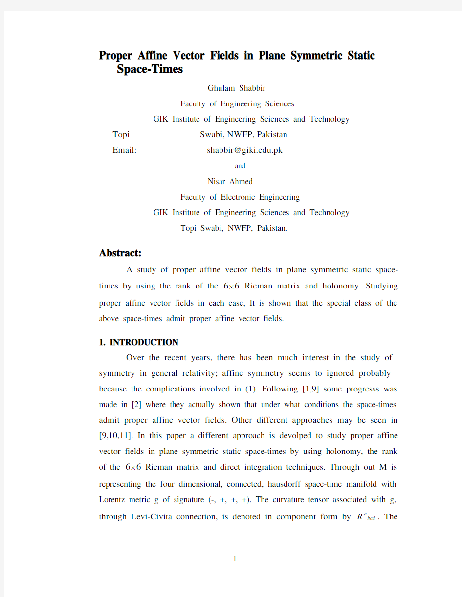 Proper Affine Vector Fields in Plane Symmetric Static Space-Times