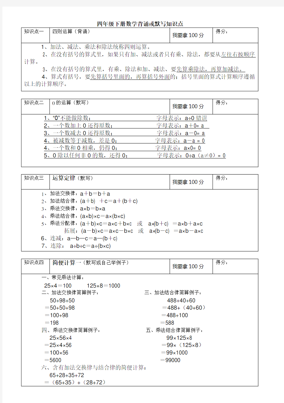 青岛版四年级下册数学所有单元知识点总结