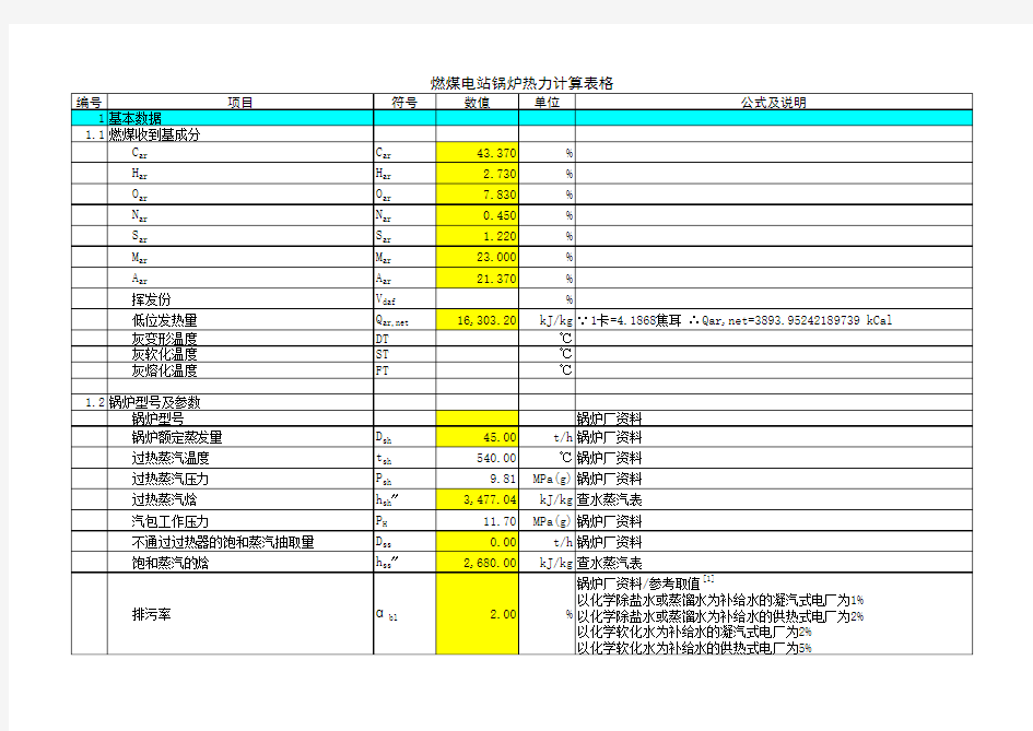 2013.9.25_燃煤电站锅炉热力计算表格