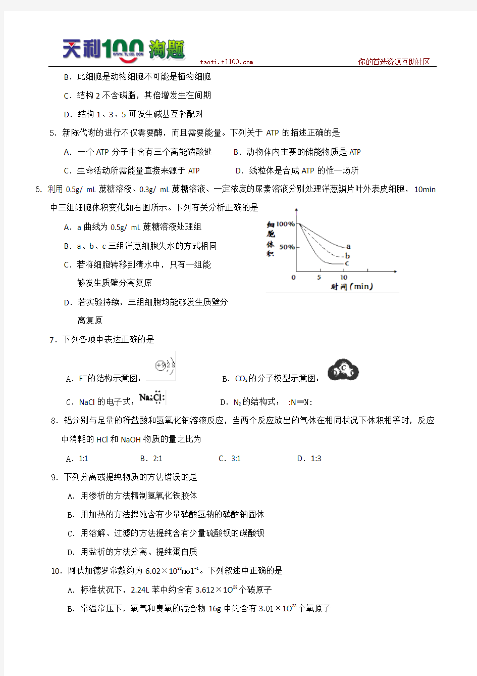 广东省汕头市金山中学2010届高三第一学期期中考试 理综