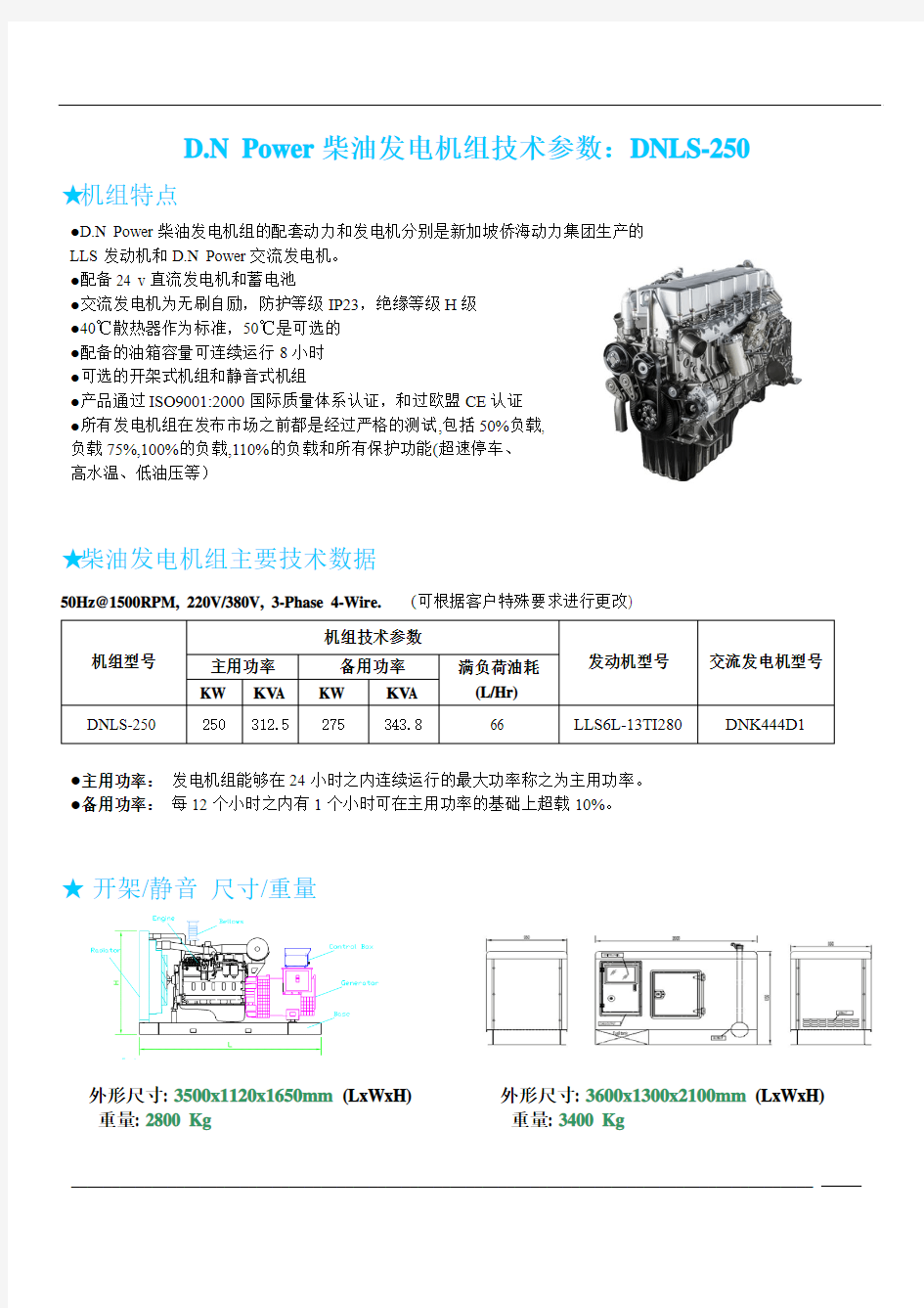250kw柴油发电机组技术参数 DNLS-250