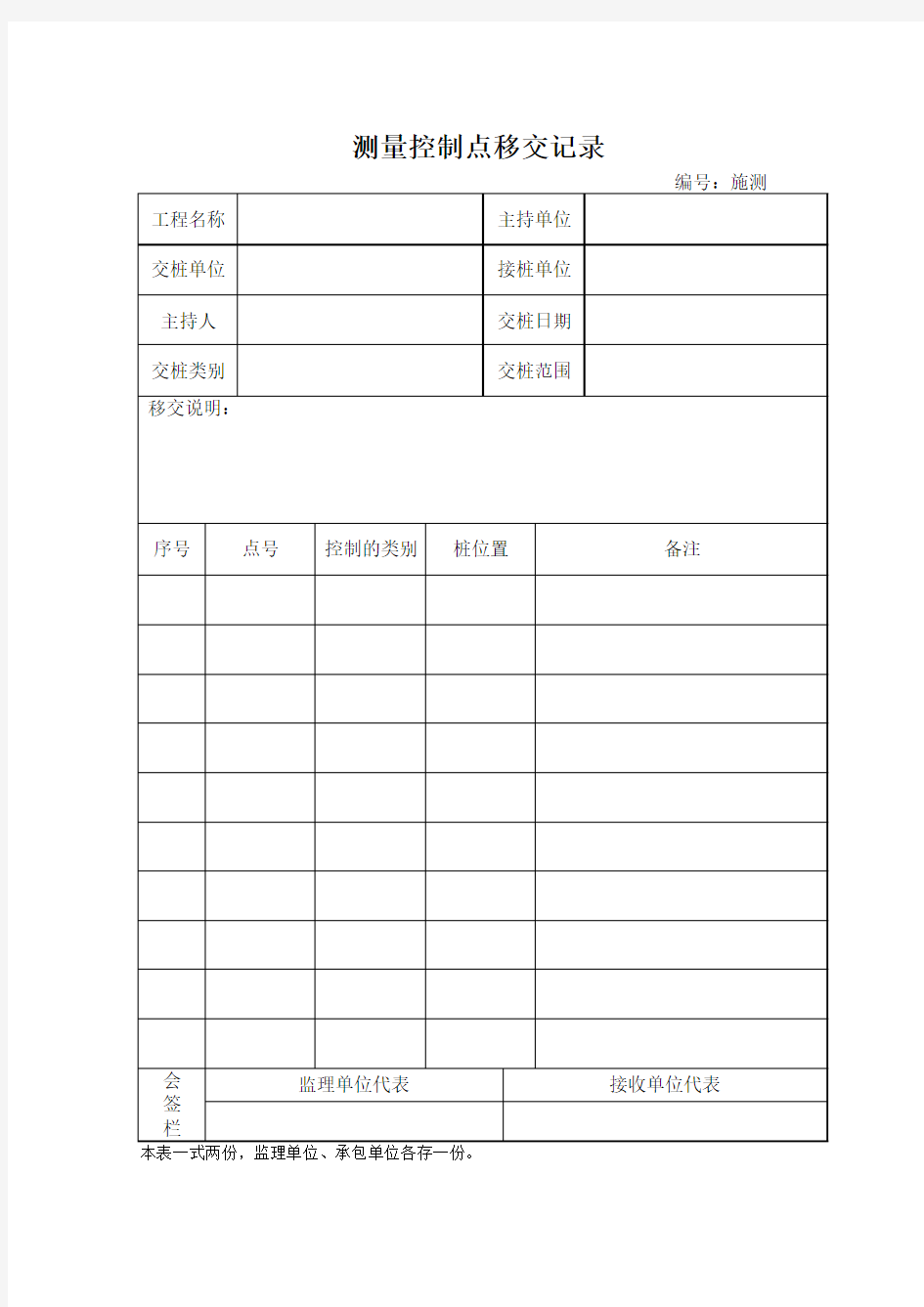 测量控制点移交记录