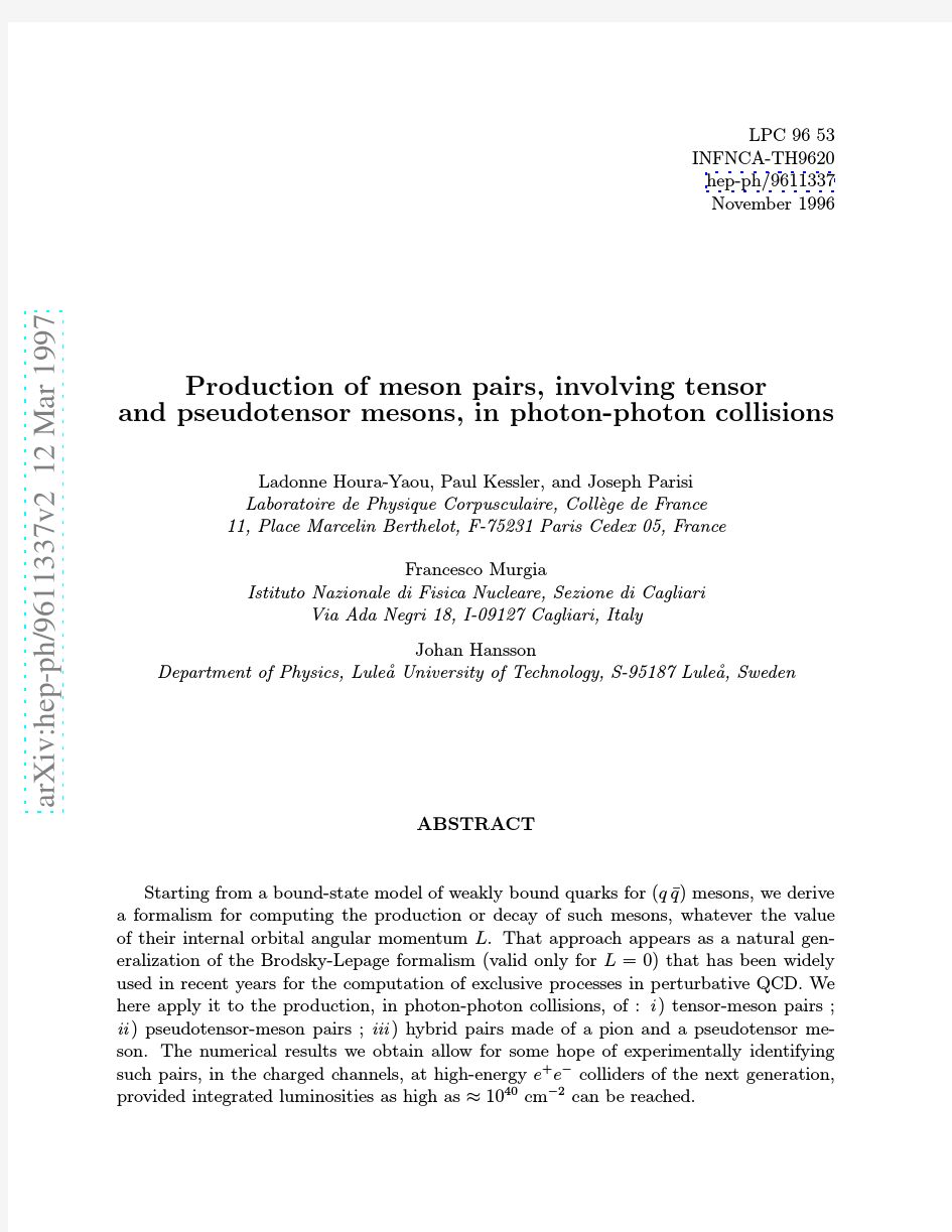 Production of meson pairs, involving tensor and pseudotensor mesons, in photon-photon colli